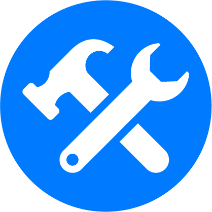 White tools icon (hammer and wrench) on a blue circle background