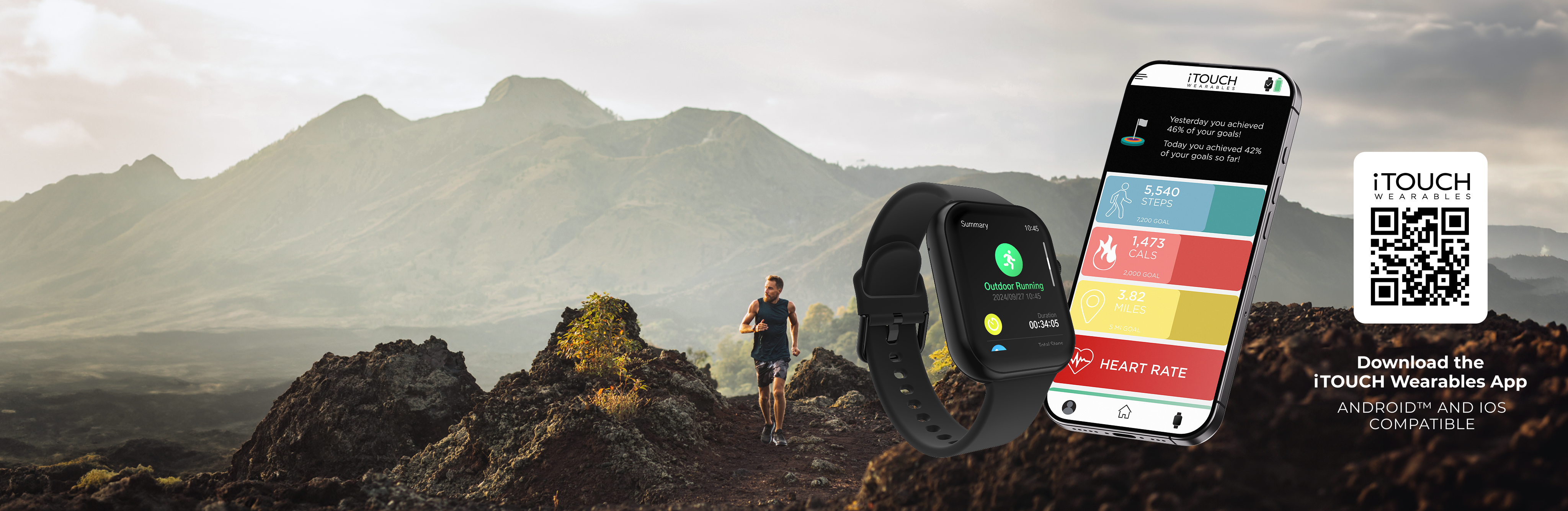Smartwatch and smartphone with app interface in a mountainous landscape