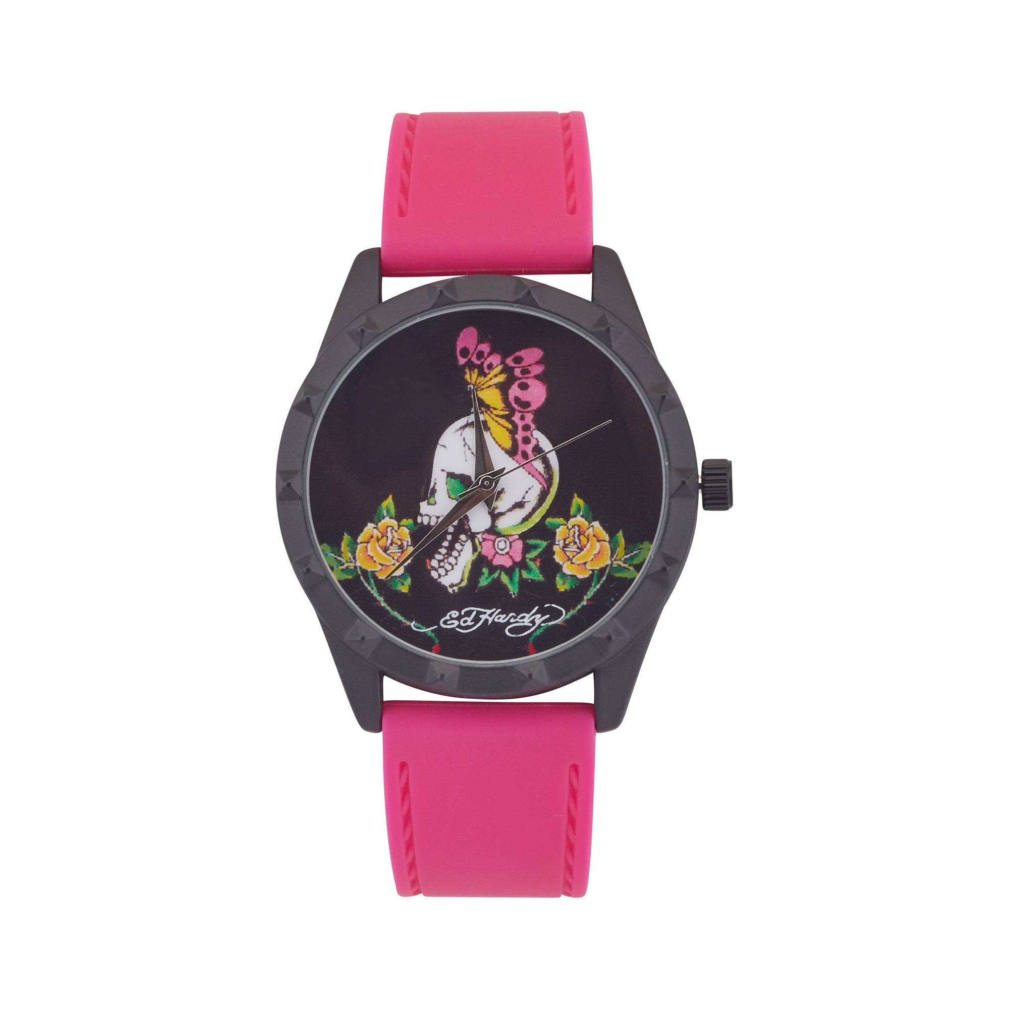 Ed Hardy Ladies Black/Fushia Plain Watch Analog