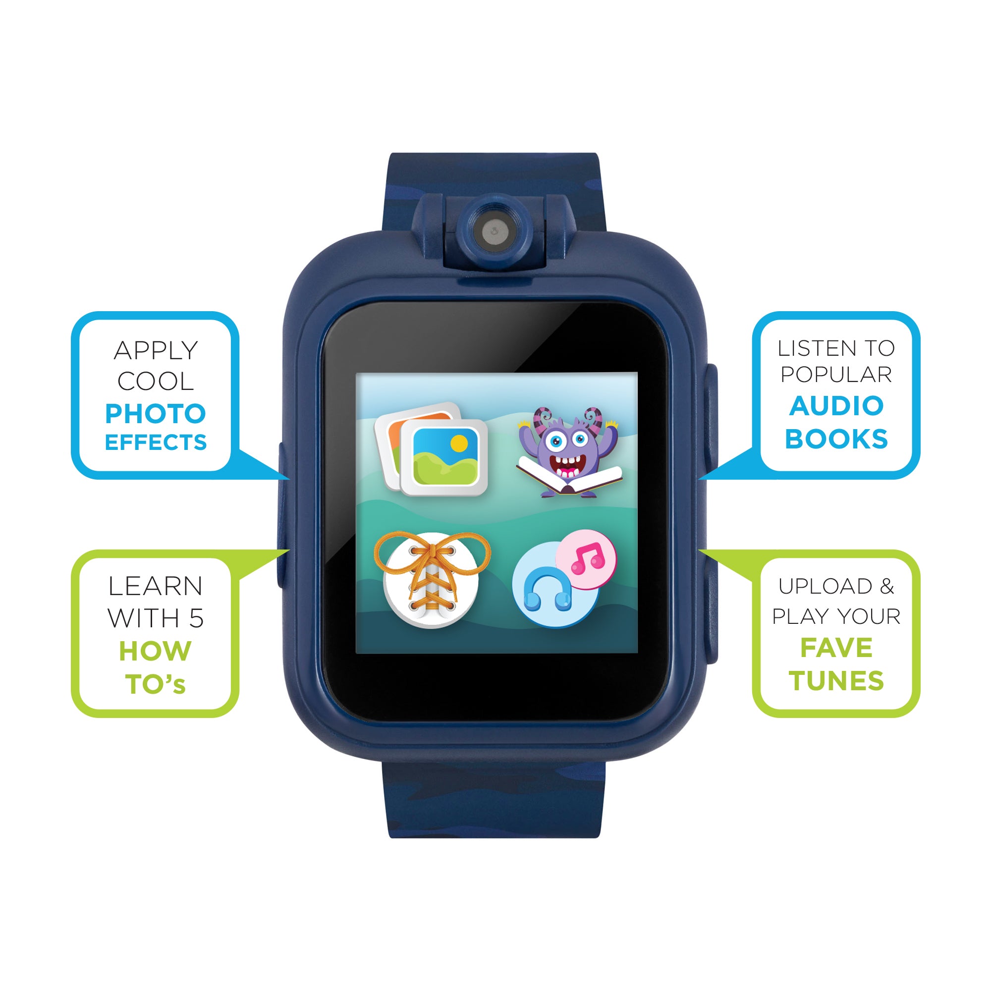 PlayZoom 2 Kids Smartwatch with Headphones: Blue Camouflage Print affordable smart watch with headphone