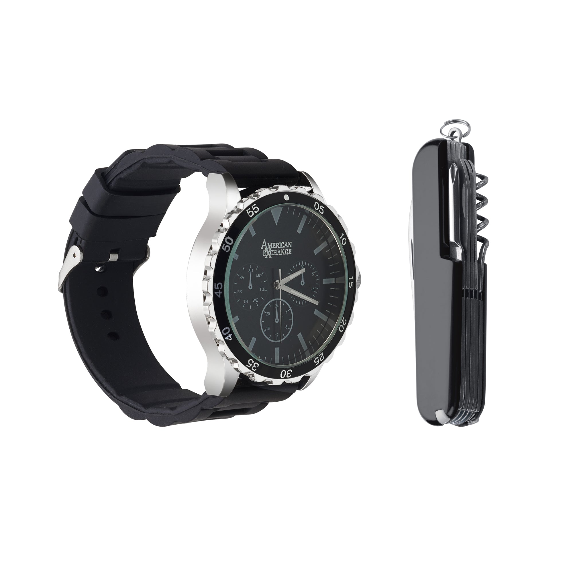 American Exchange Men's Black Rubber Strap Watch 50mm Gift Set