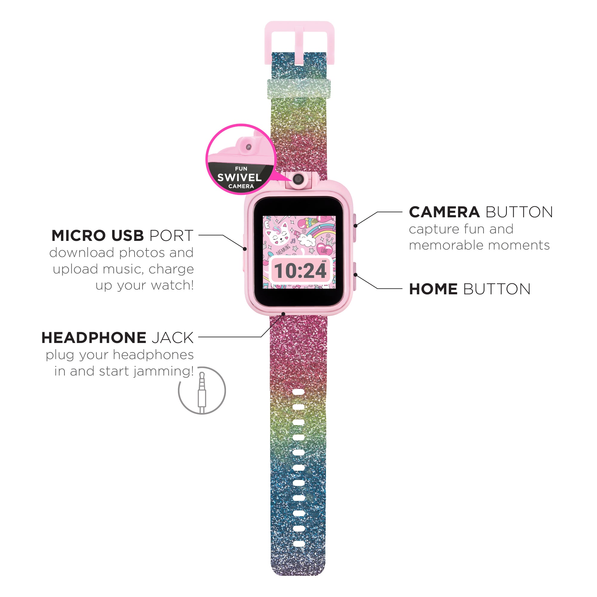 PlayZoom 2 Kids Smartwatch with Headphones: Pink Rainbow Glitter affordable smart watch with headphone