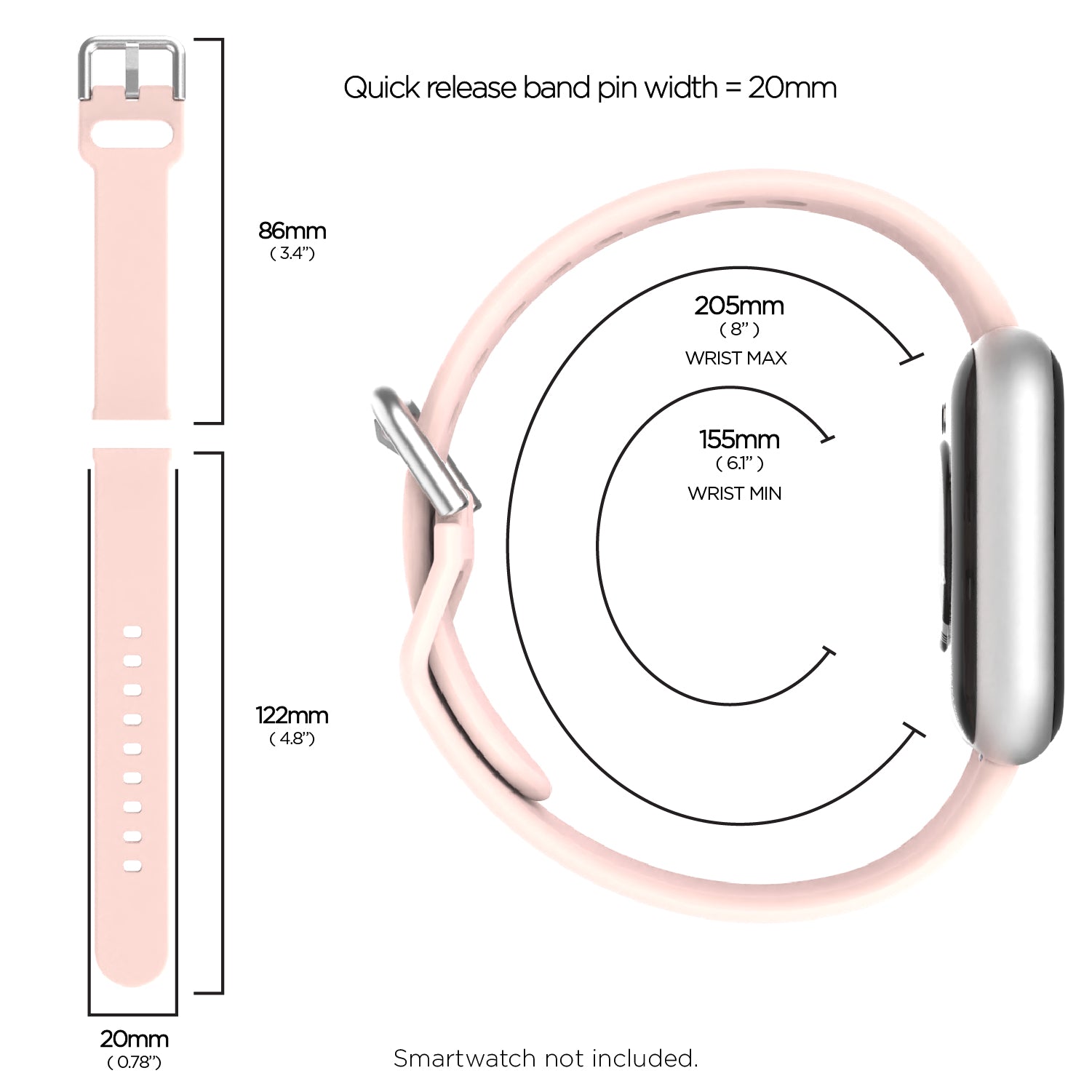 iTouch Air 3 40mm, Sport 3 & Sport Extra Interchangeable Strap: Narrow Blush SIlicone affordable smart watch strap